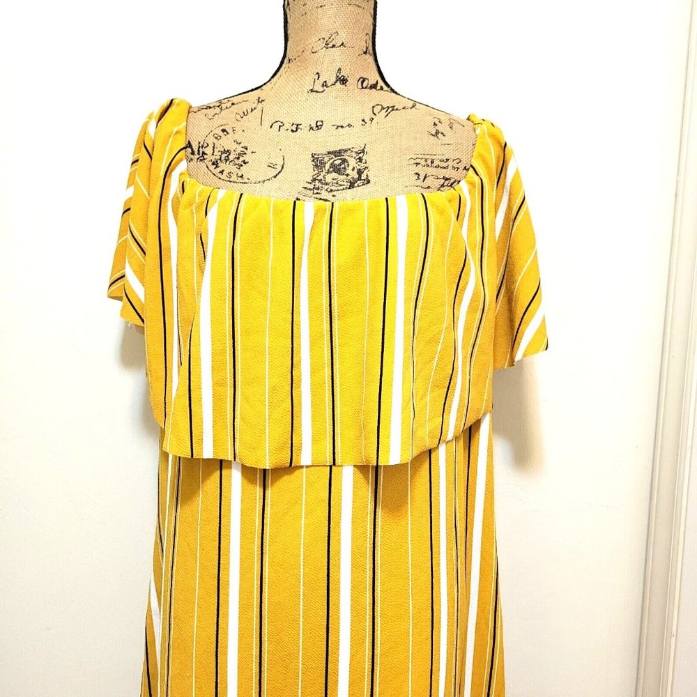 Almost Famous Junior Womens 3X Mustard Black Stripe Off The Shoulder Dress - Picture 3 of 8